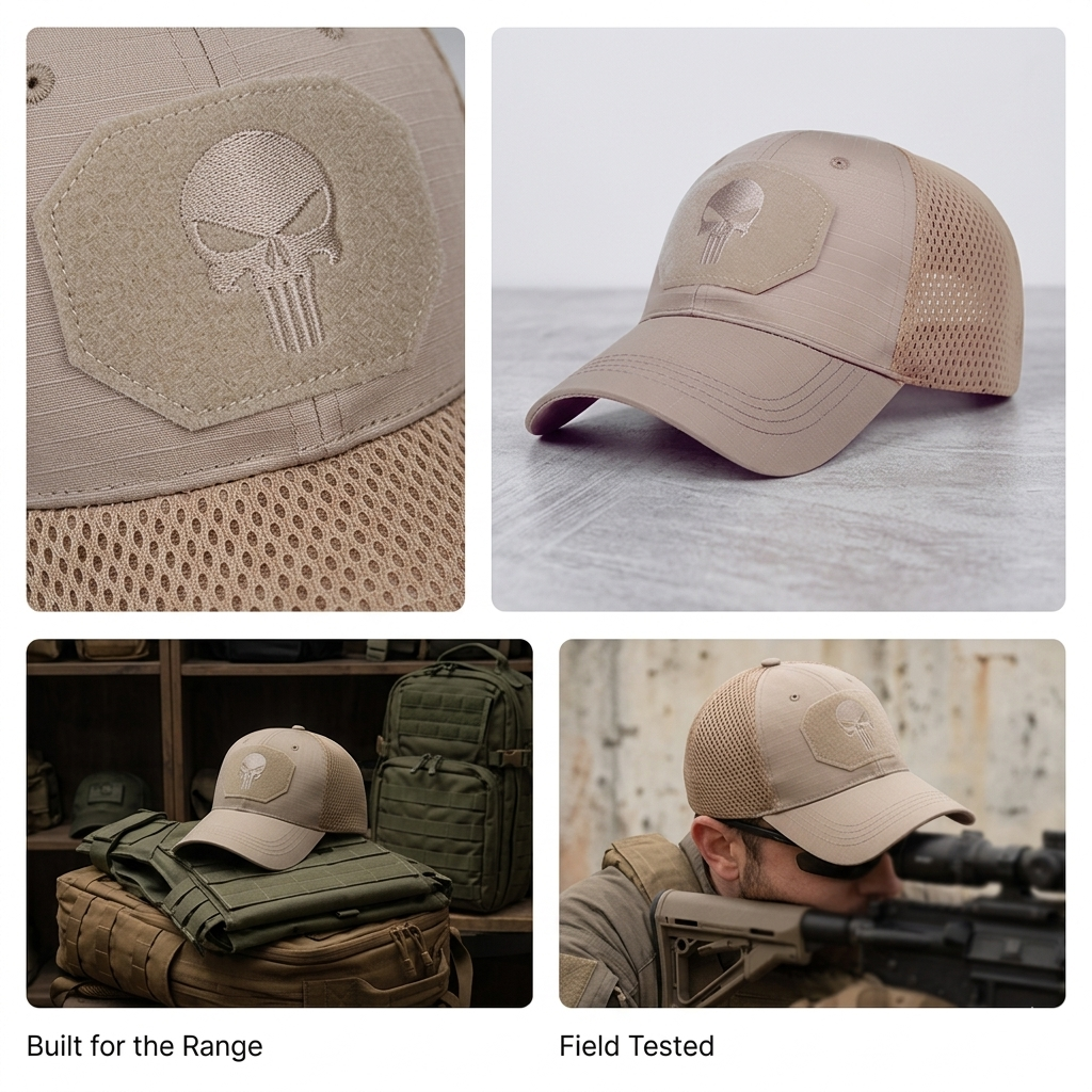 Breathable mesh back Punisher Skull Cap with embroidered skull patch