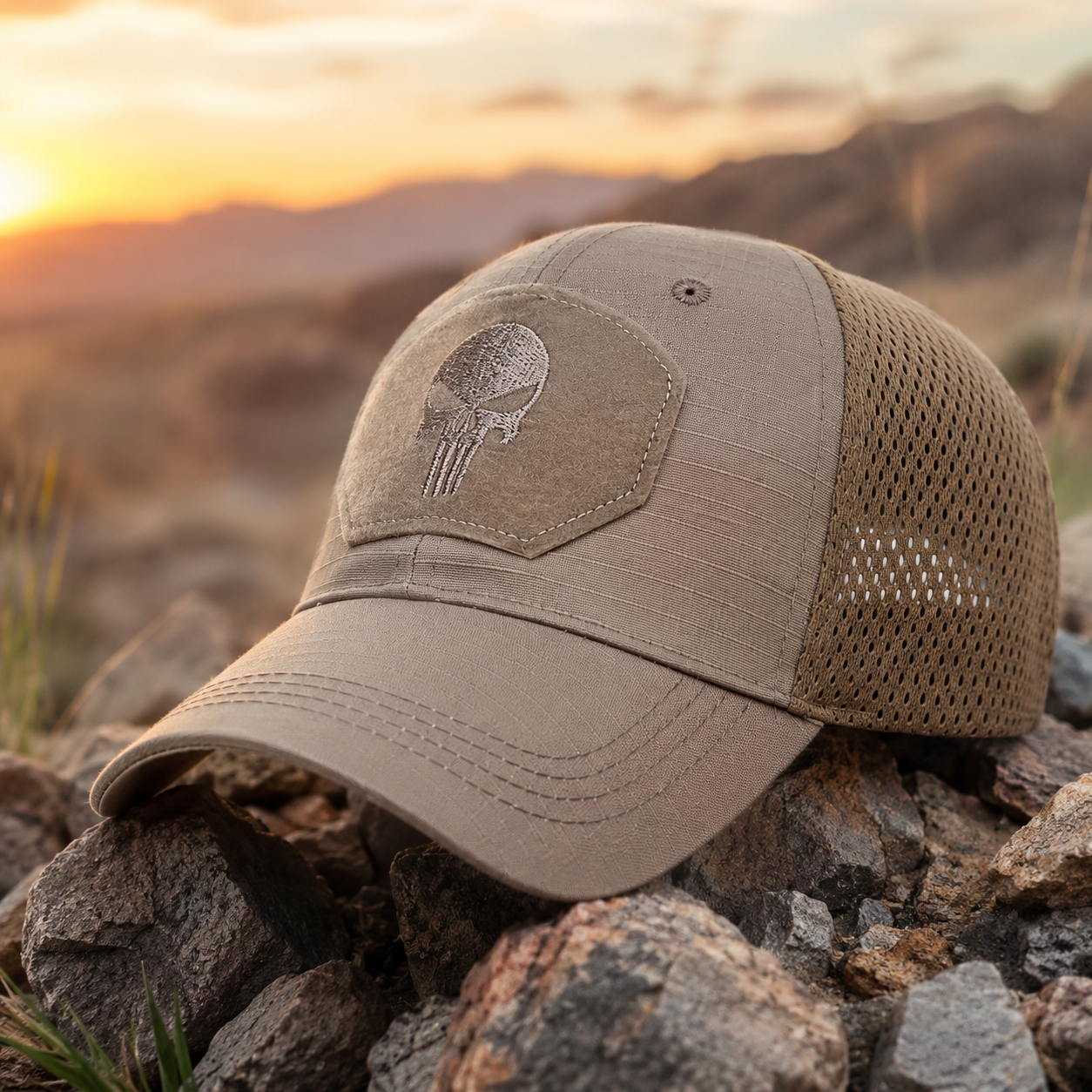 Punisher Skull Cap by SPECIAL OPS tactical military mesh cap in khaki color