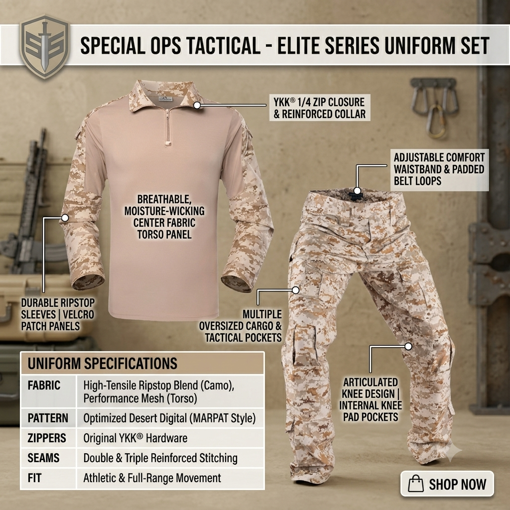 Tactical uniform set in desert camouflage showing breathable torso design.