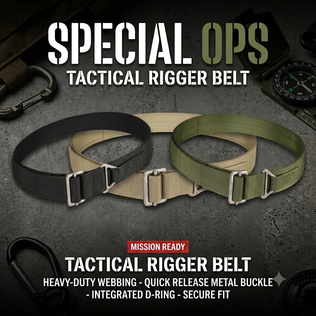 Three heavy-duty tactical rigger belts displayed in Olive Green, Black, and Khaki colors.