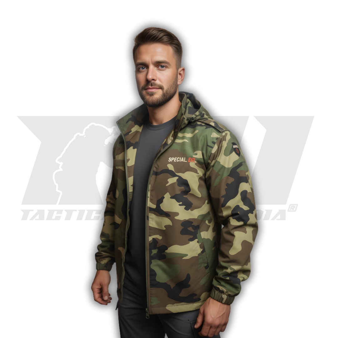 SPECIAL OPS tactical windbreaker in woodland camouflage color with detachable hood sidelook