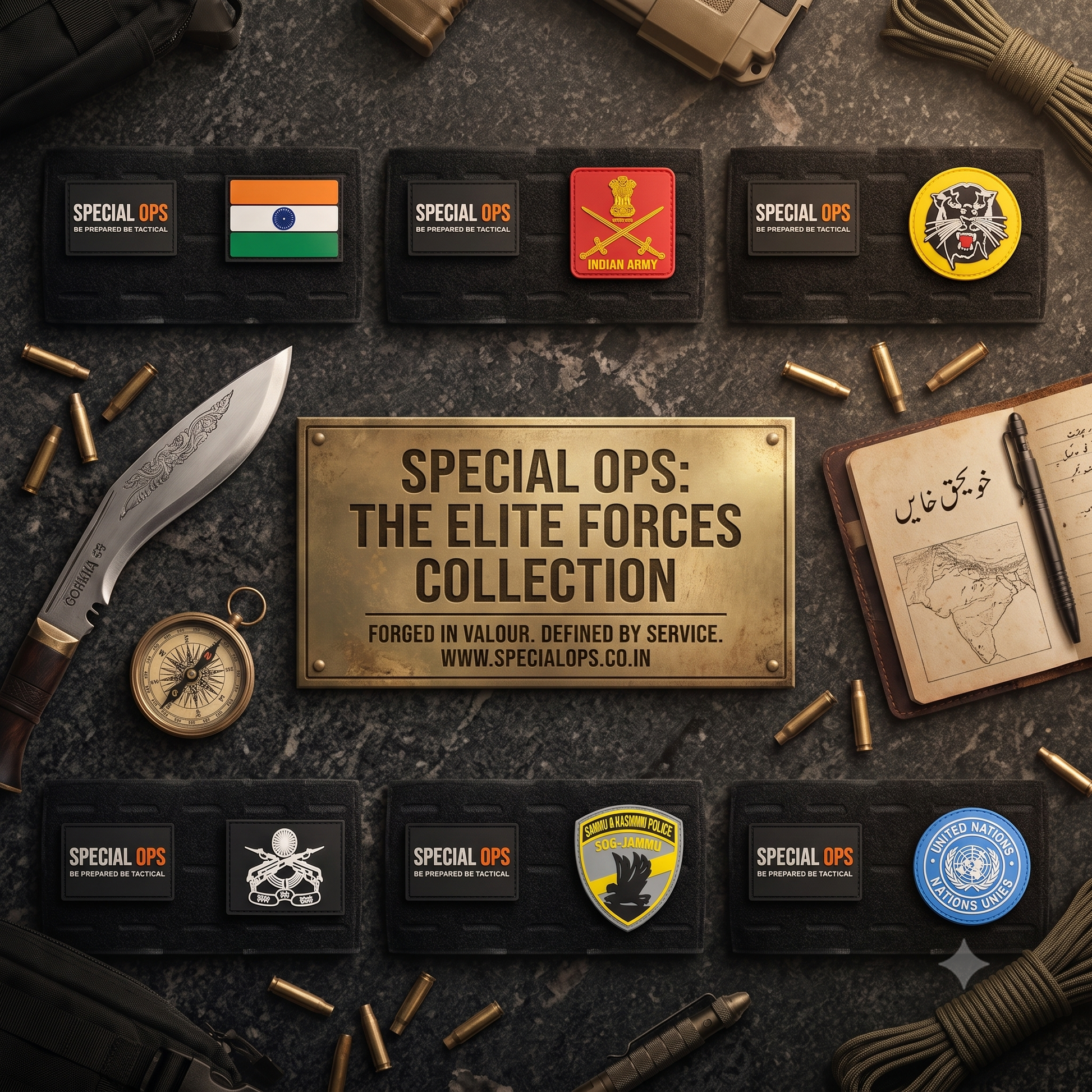 SPECIAL OPS Elite Forces Tactical PVC Patches Collection featuring Indian Army NSG and Rashtriya Rifles on tactical flatlay