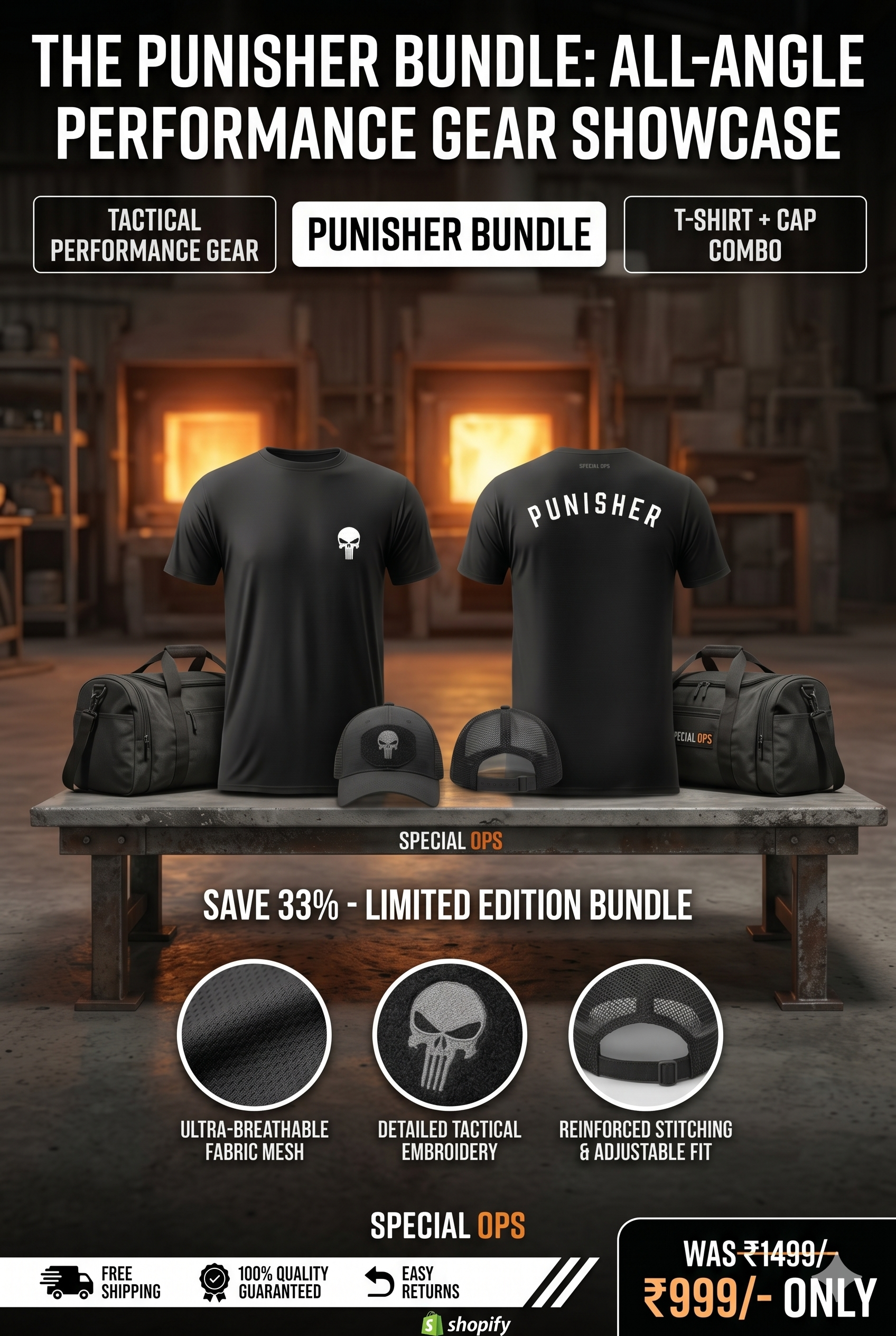 The complete Spec Ops Operator Combo display showing the performance t-shirt, cap, and tactical duffel bag.