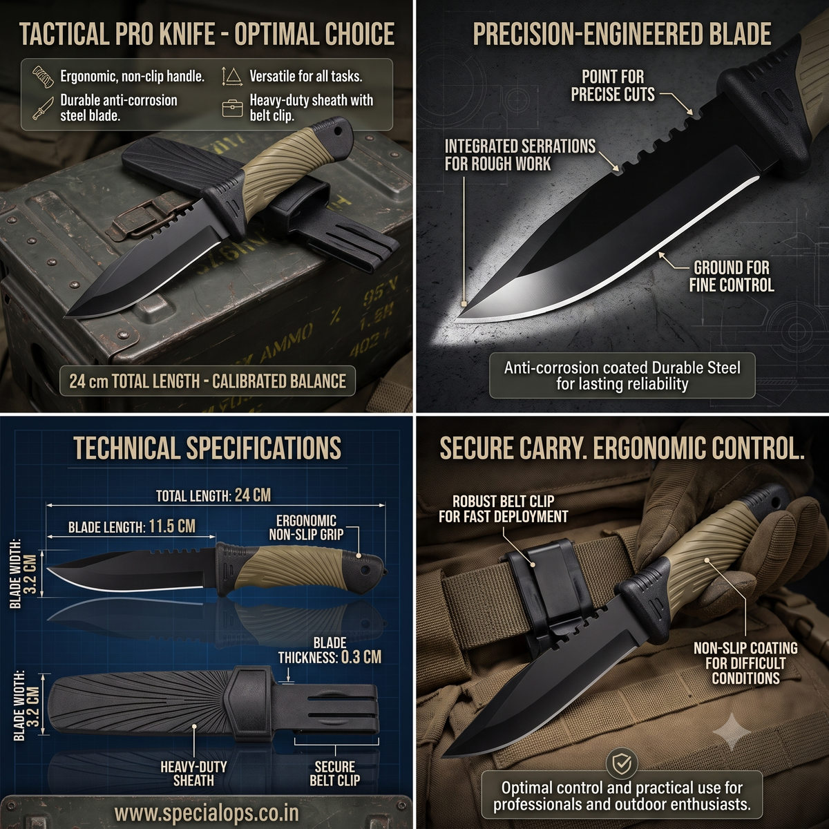 A four-panel promotional infographic for a tactical pro knife. The top-left panel shows the knife in use on a tactical vest, labeled 'Tactical Pro Knife - Optimal Choice' with features like ergonomic non-clip handle and durable steel blade.