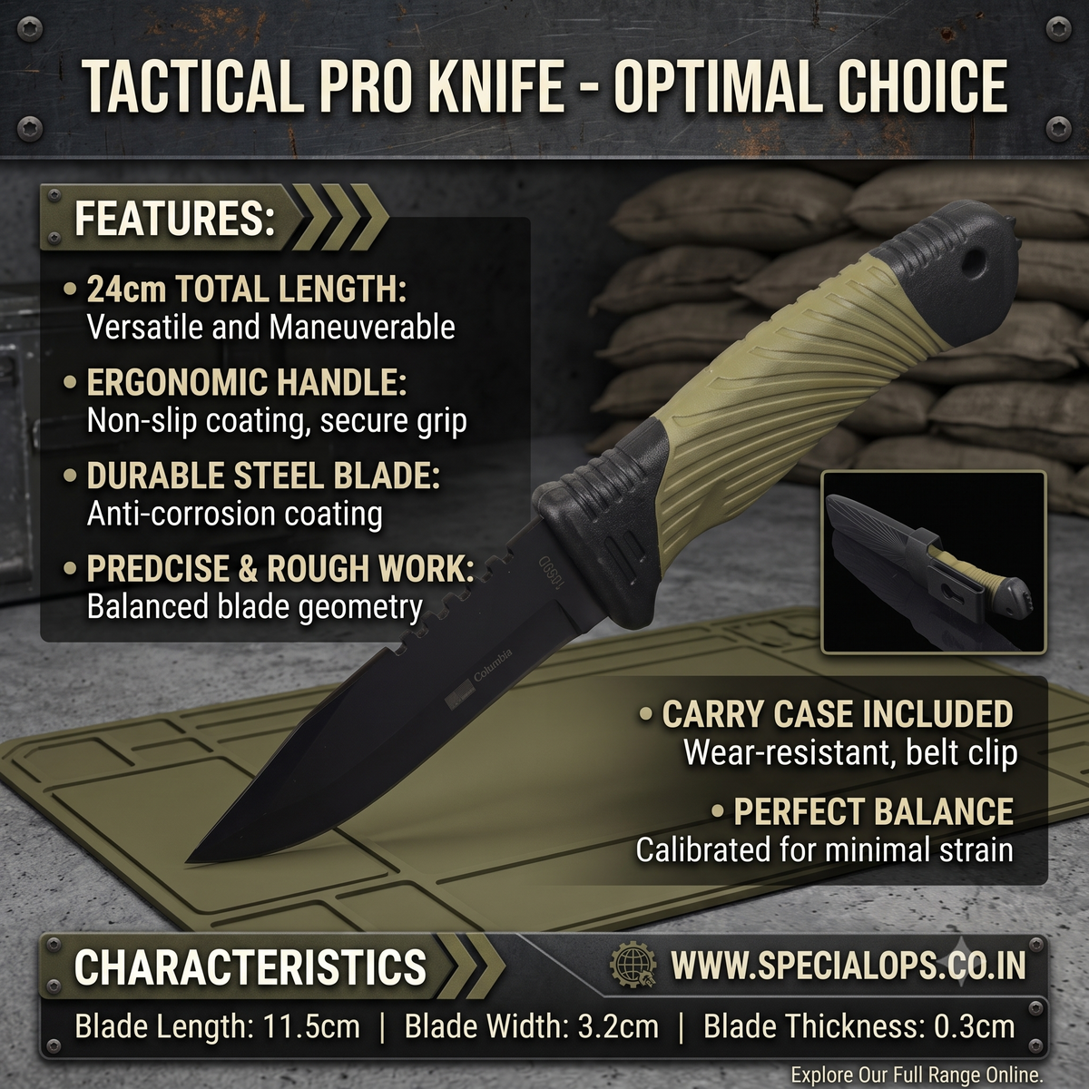 Promotional graphic for a tactical pro knife, showing the knife blade, handle, and a small carry case inset on a dark tactical background with text callouts and specifications.