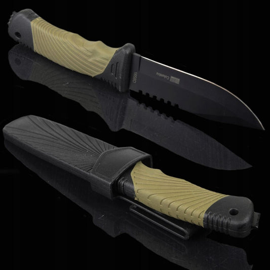 A fixed-blade knife with a black blade and a tan textured handle, shown both unsheathed and sheathed on a black reflective background. The sheath is black with a matching tan handle section and a black belt clip.