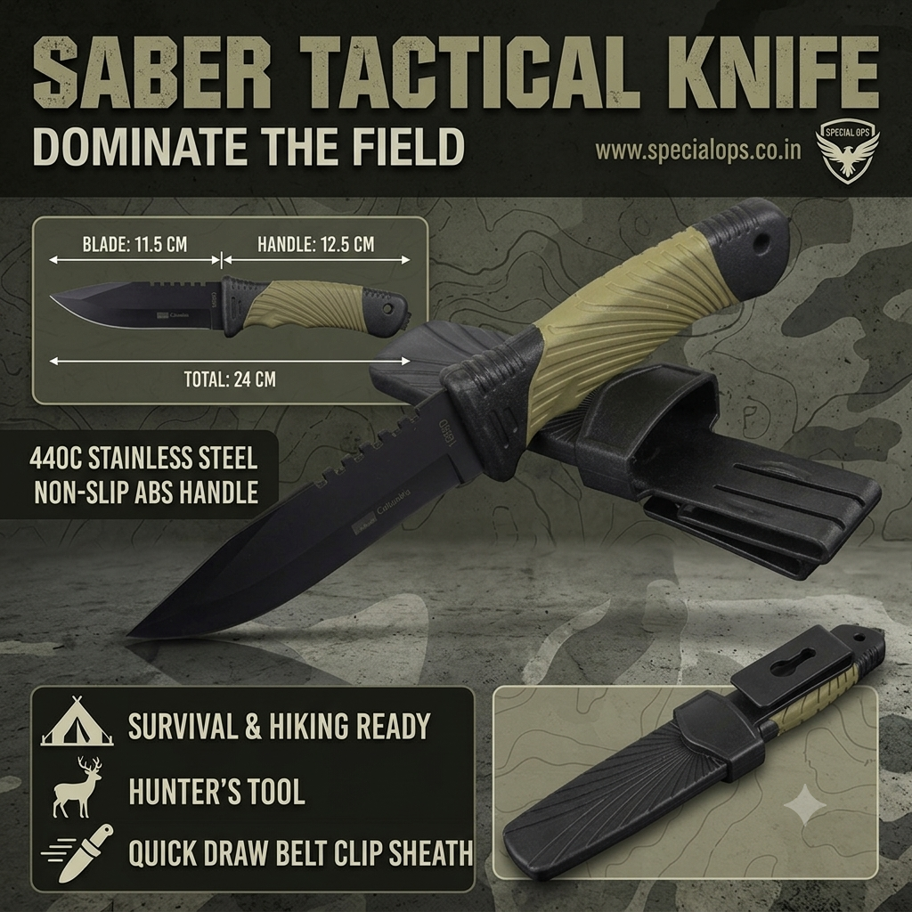 Saber Tactical Knife promotional graphic showing a black fixed-blade knife with a tan handle, a black belt clip sheath, and measurement callouts for blade 11.5 cm and handle 12.