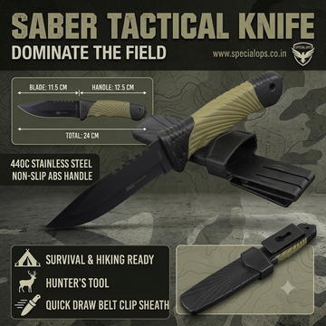 Saber Tactical Knife promotional graphic showing a black fixed-blade knife with a tan handle, a black belt clip sheath, and measurement callouts for blade 11.5 cm and handle 12.