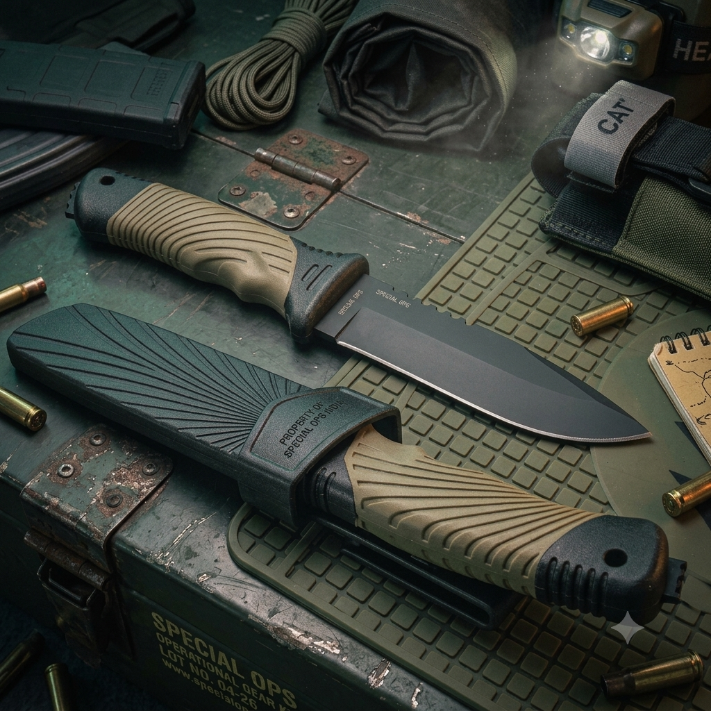 A tactical fixed-blade knife with a black blade and tan textured handle is displayed alongside its black sheath on a rugged green military-style crate, surrounded by survival gear, bullets, and a flashlight.