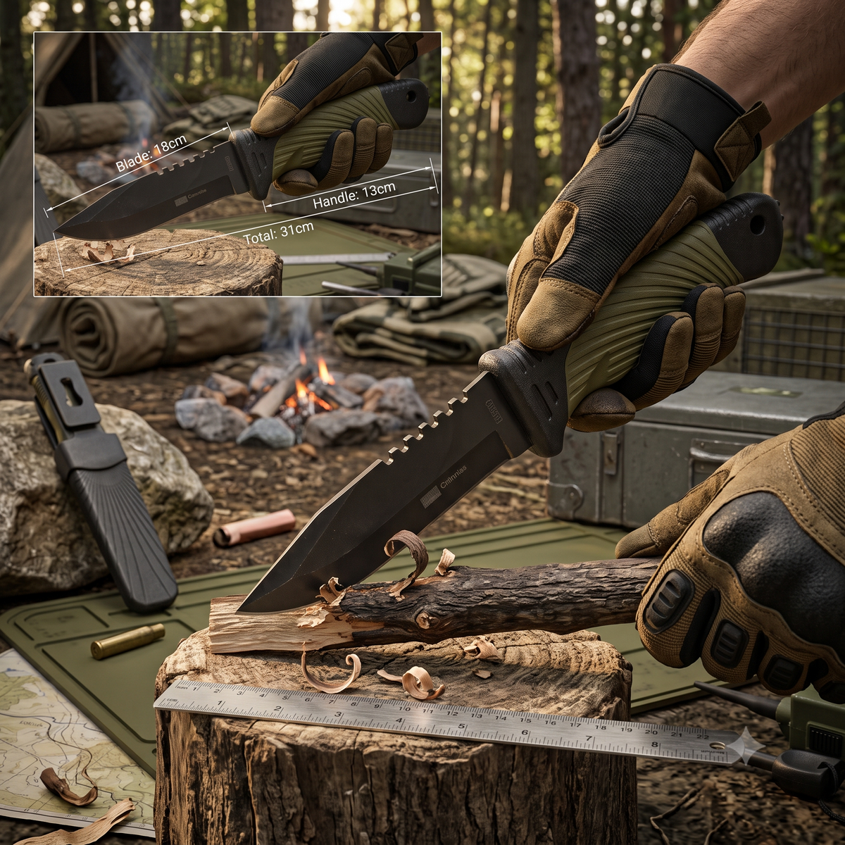 A tactical fixed-blade knife with a black blade and tan/green handle is being used by a person wearing gloves to cut wood outdoors near a campfire. An inset shows the knife handle dimensions, and other camping gear are visible in the forest setting.