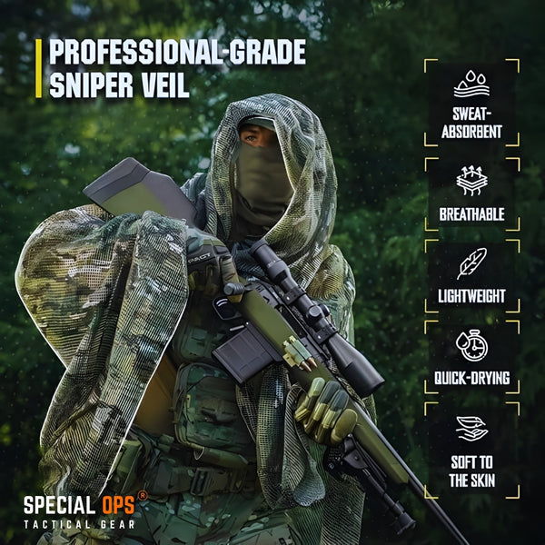 SPECIAL OPS Tactical Scrim Net Sniper Veil deployed on rifle and ghillie suit in forest