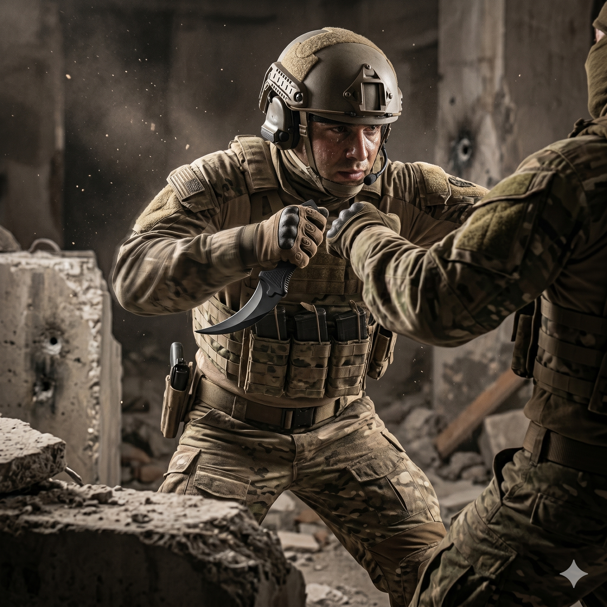 Military Soldier fighting with Karambit fixed blade knife showing finger ring and lanyard hole for secure grip