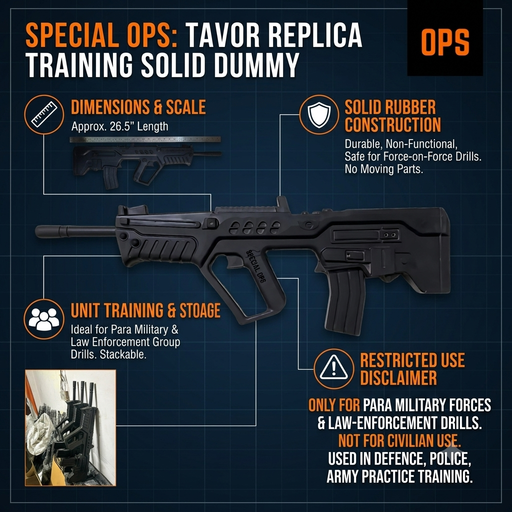 Detailed infographic showing the features of the Tavor Replica Training Dummy, highlighting its 26.5 inch dimensions, solid rubber construction, and law enforcement restriction.