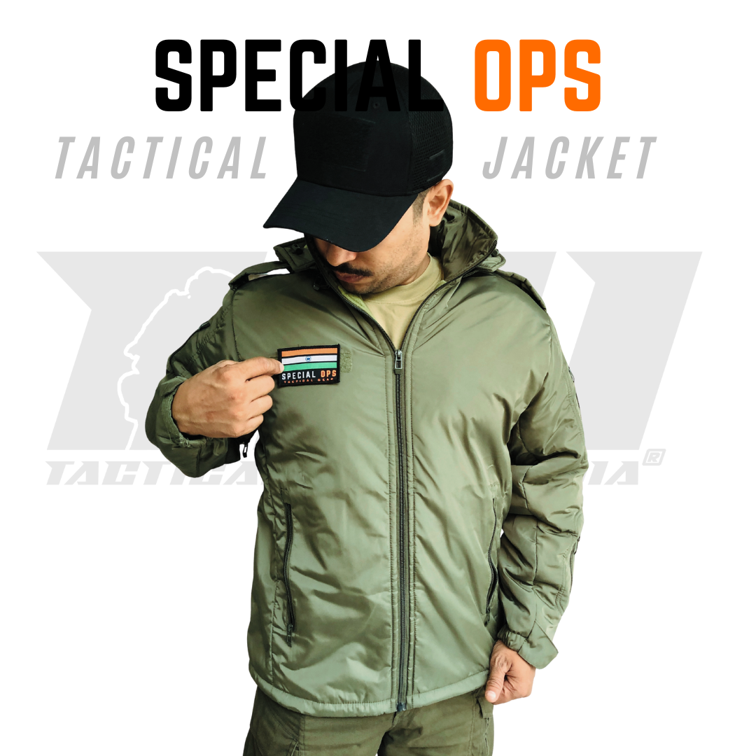Close-up view of the jacket's chest pocket and Velcro name plate panel.