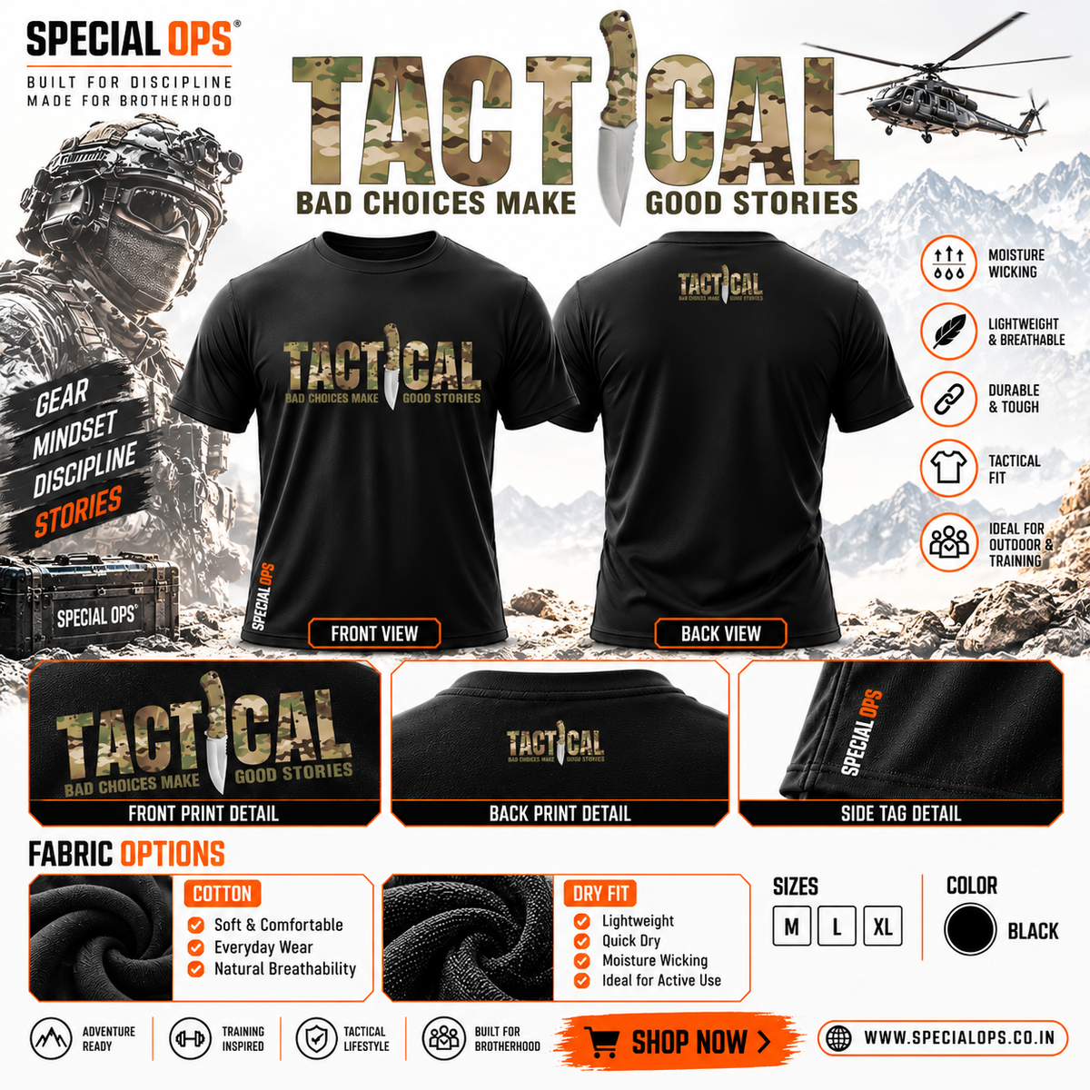 SPECIAL OPS black tactical T-shirt with camouflage TACTICAL print, front and back views, dry fit and cotton fabric options