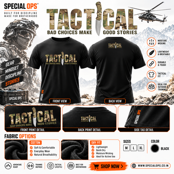SPECIAL OPS black tactical T-shirt with camouflage TACTICAL print, front and back views, dry fit and cotton fabric options