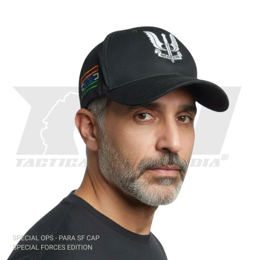 Side profile of the tactical cap showing the Special Ops logo and Indian flag patch.