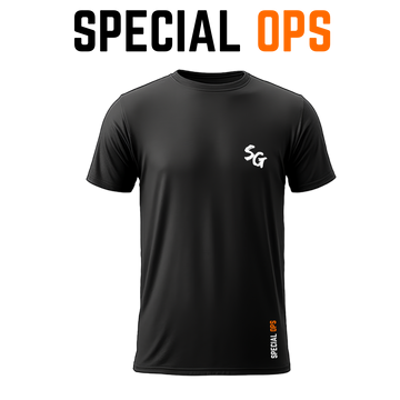 Front view of the black Special Ops tactical t-shirt, highlighting a small white "SG" logo on the left chest and a discreet vertical orange brand tag near the bottom hem.