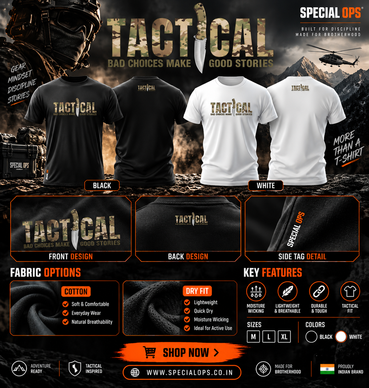 SPECIAL OPS black tactical T-shirt showing TACTICAL print detail, fabric texture, side branding and back print