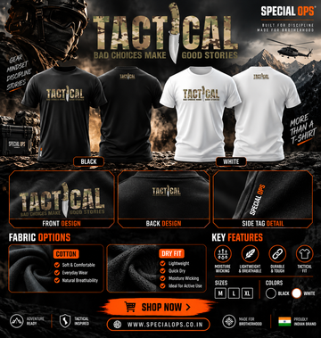 SPECIAL OPS black tactical T-shirt showing TACTICAL print detail, fabric texture, side branding and back print