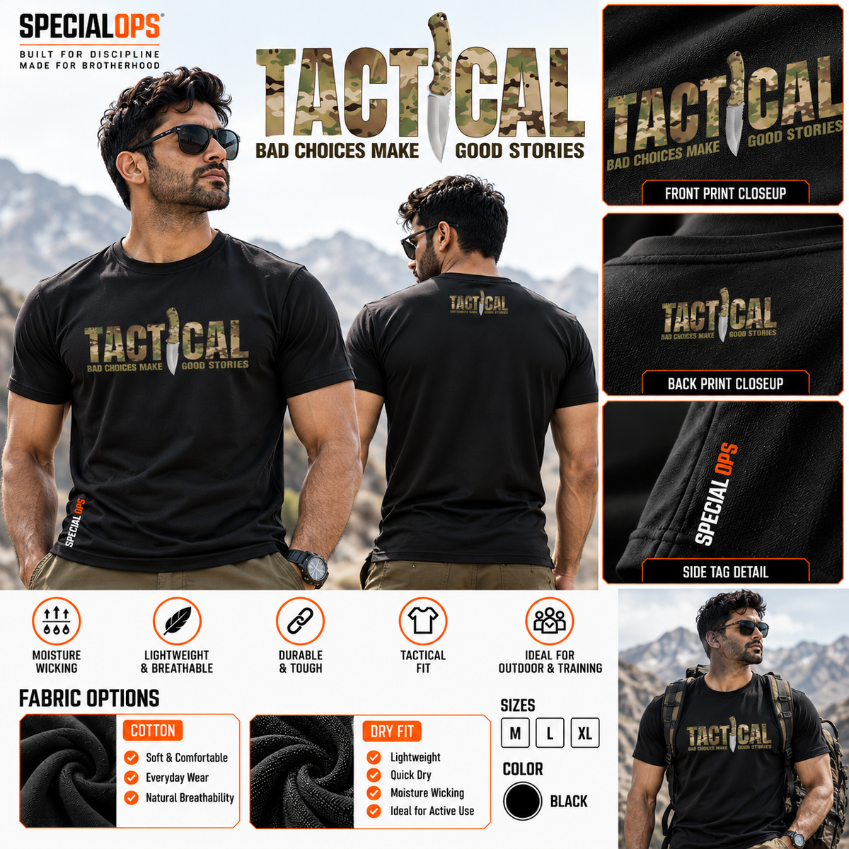 SPECIAL OPS black tactical T-shirt worn by male model outdoors, featuring camouflage TACTICAL graphic