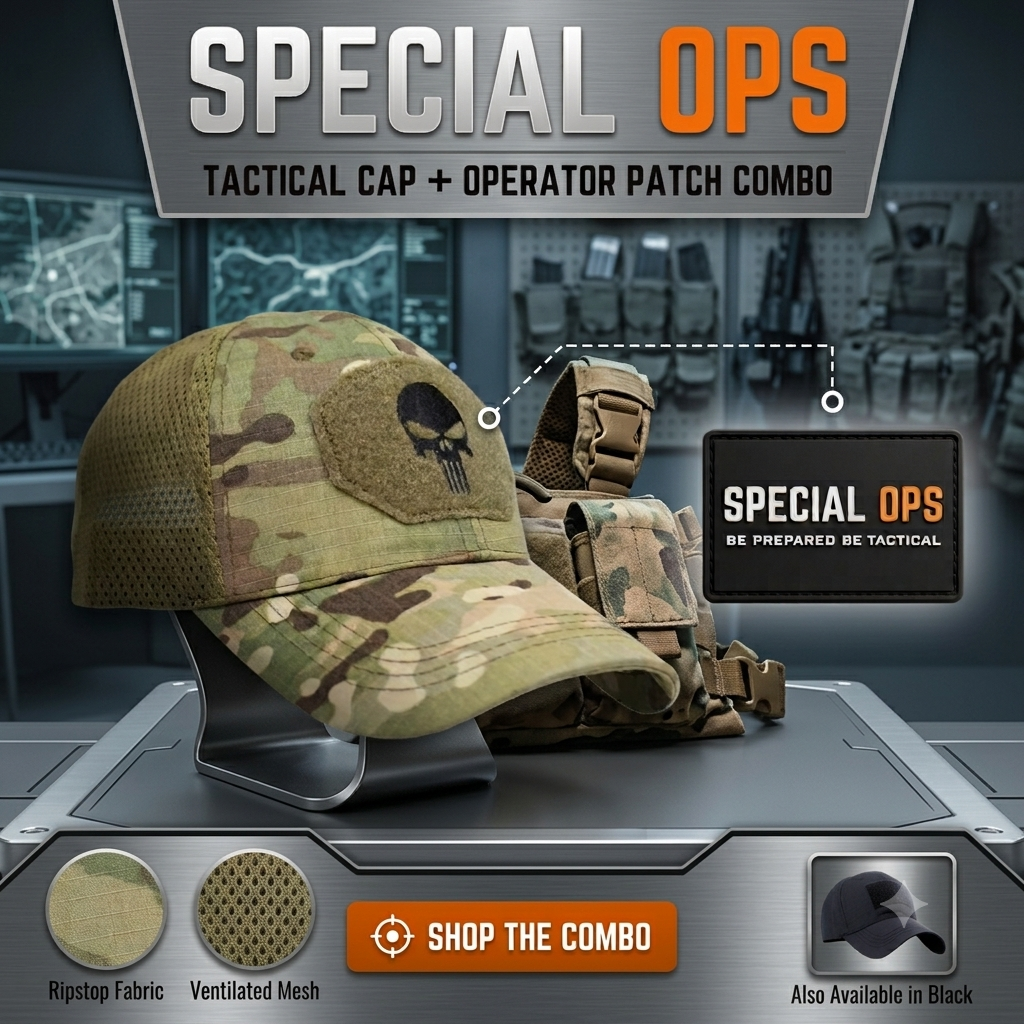 Special Ops camouflage tactical cap with skull front patch next to black velcro operator patch.