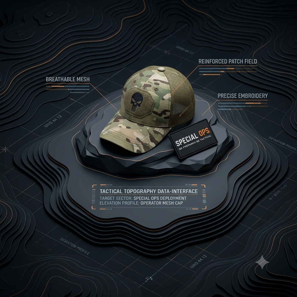 Multicam tactical cap with front hook-and-loop patch panel and detachable Special Ops operator morale patch.