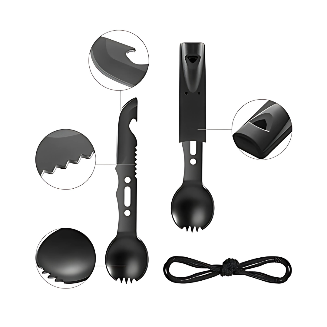 This handy robust Spork features a blackened stainless steel body with plastic sheath.