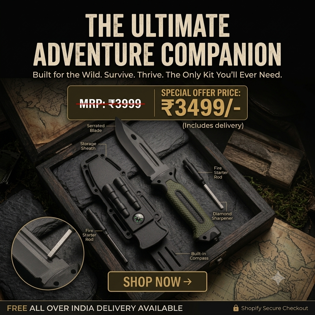 A promotional graphic for an outdoor survival kit containing a folding knife, fire starter rod, and diamond sharpener displayed in a wooden box. The image includes marketing text, pricing details in Indian Rupees, and a Shopify Secure Checkout badge.