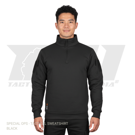 Black tactical sweatshirt with sleeve zipper pockets and velcro patch panels for winter military operations