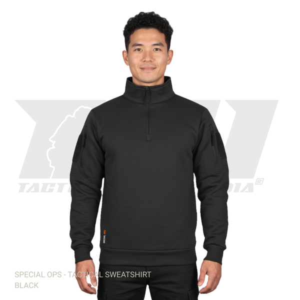 Black tactical sweatshirt with sleeve zipper pockets and velcro patch panels for winter military operations