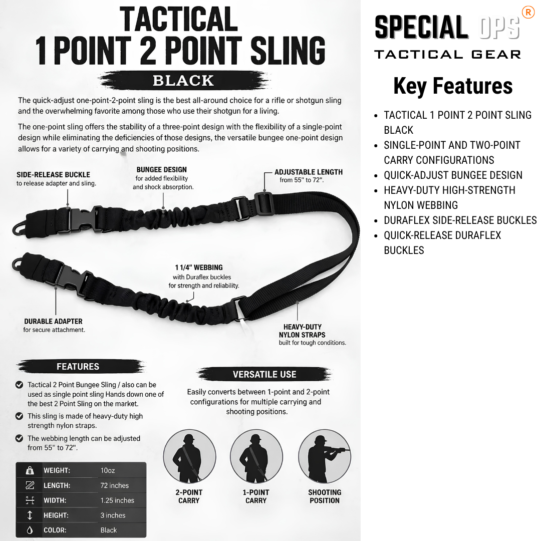 Shock-absorbing bungee system detail on a SPECIAL OPS rifle strap designed to reduce shoulder fatigue during tactical maneuvers