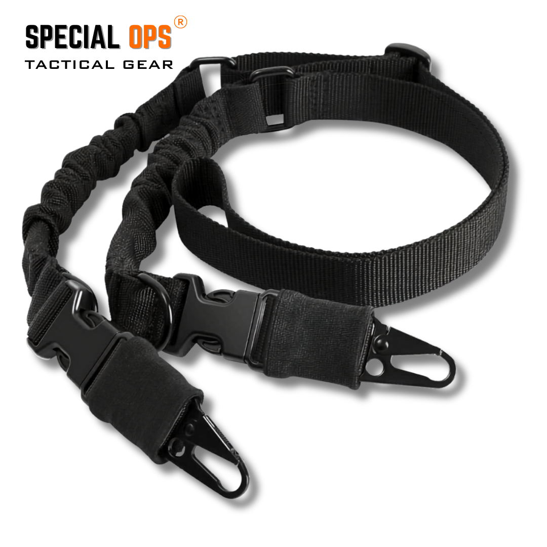 SPECIAL OPS Tactical 1-Point to 2-Point Convertible Sling in matte black, displayed on a tactical gear background with feature icons