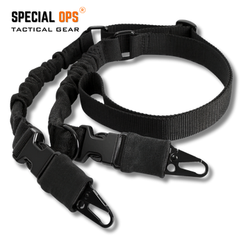 SPECIAL OPS Tactical 1-Point to 2-Point Convertible Sling in matte black, displayed on a tactical gear background with feature icons