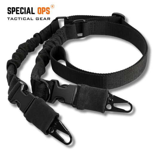 SPECIAL OPS Tactical 1-Point to 2-Point Convertible Sling in matte black, displayed on a tactical gear background with feature icons