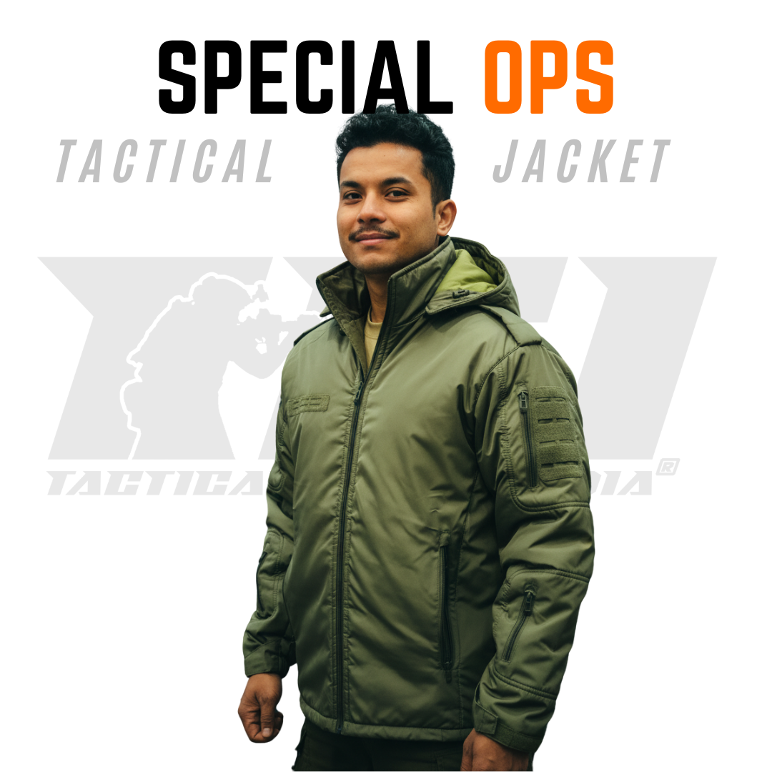 Special Ops Tactical Jacket in Military Olive Green, worn in a rugged outdoor setting.