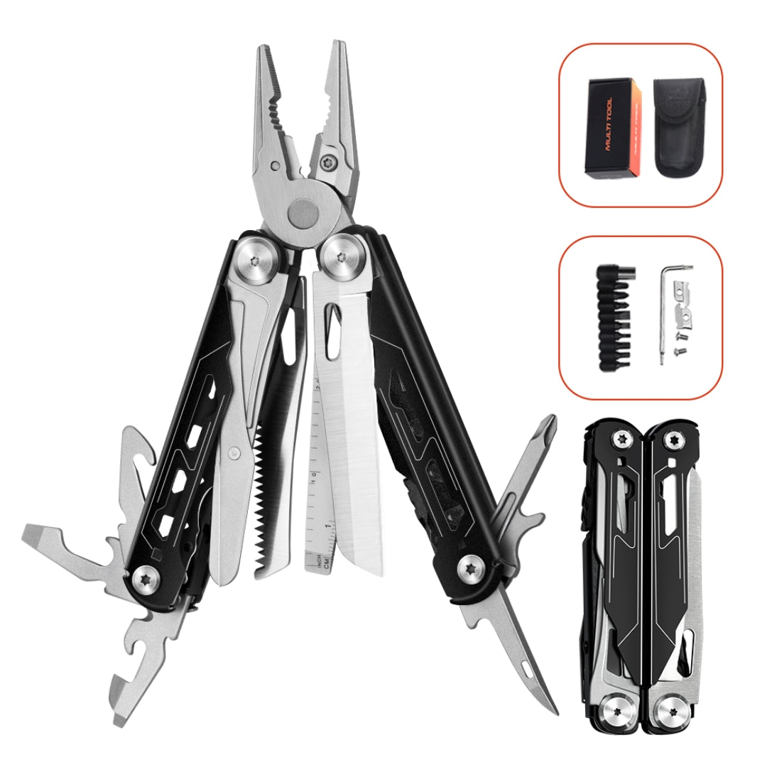 Tactical EDC multi tool with dual lock system laid flat on outdoor survival gear background