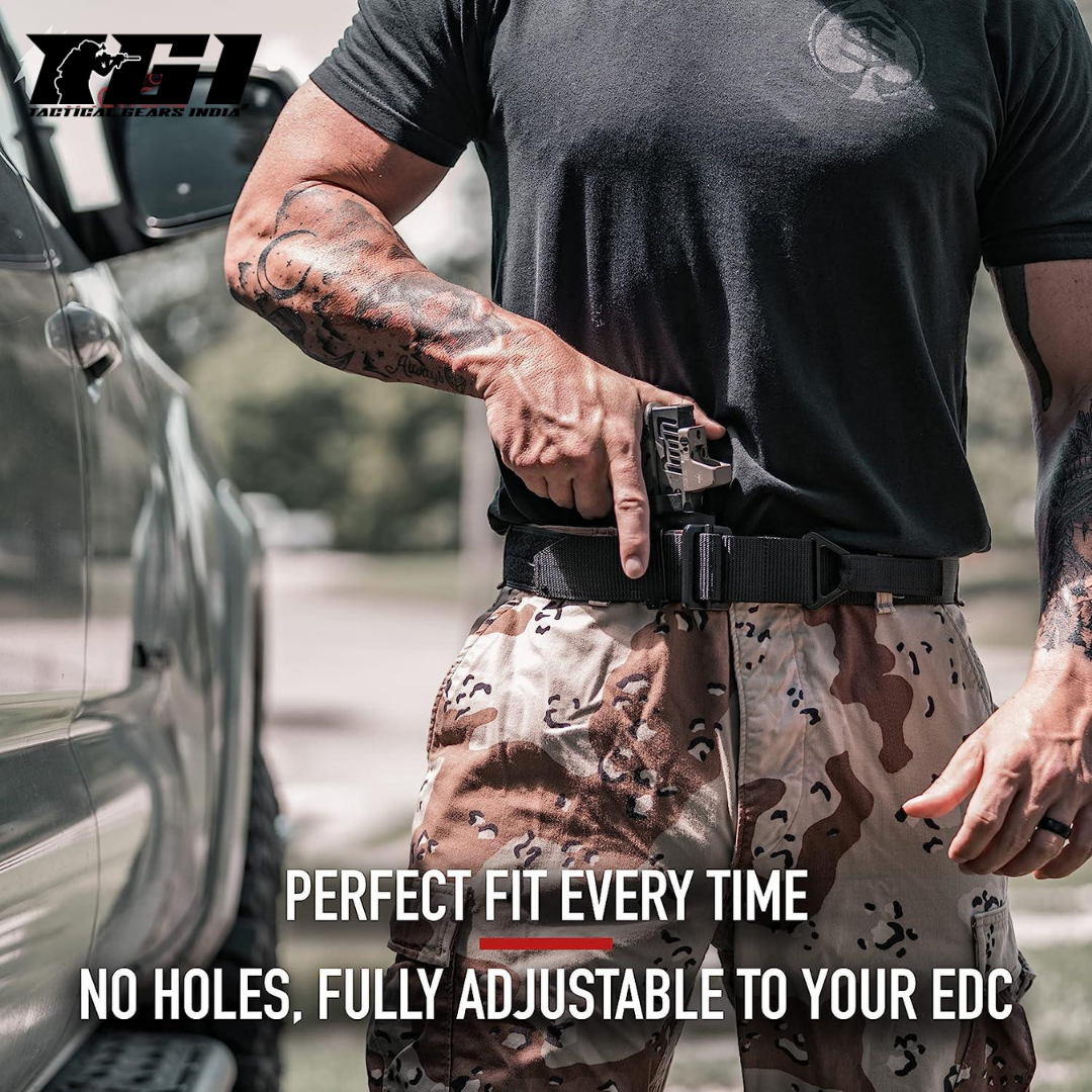 Black tactical belt with quick-release metal buckle and velcro reinforcement for everyday carry and outdoor use