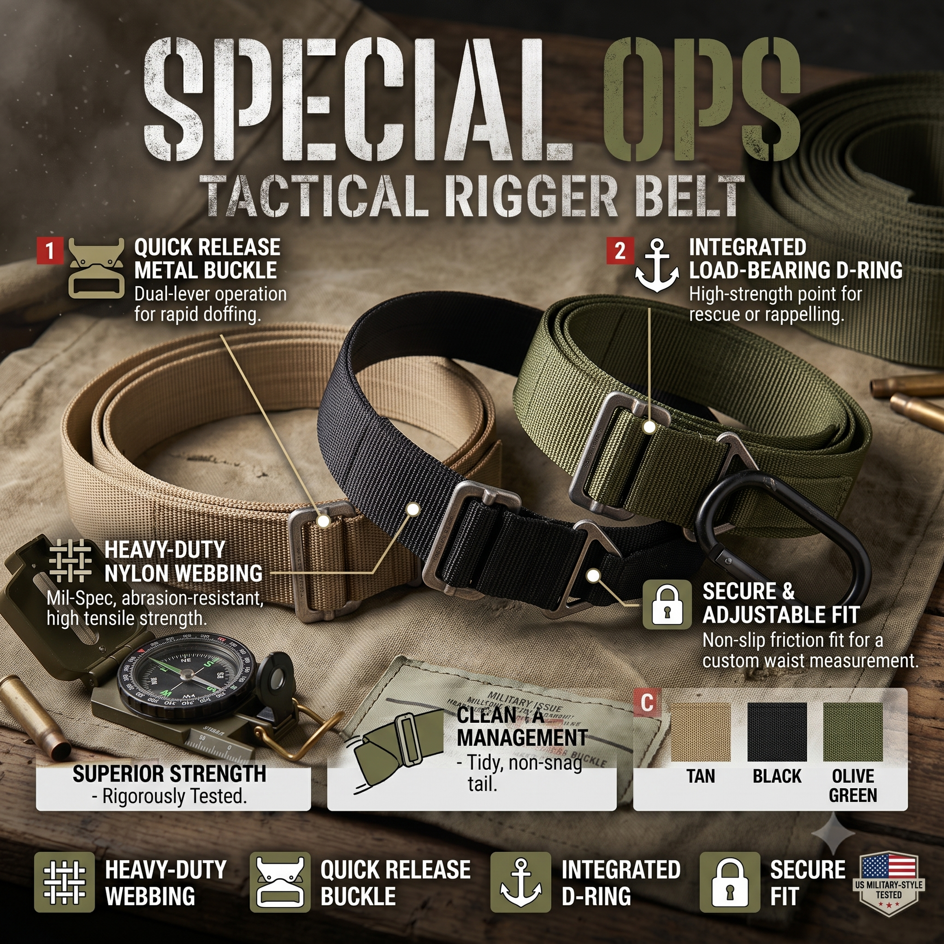 Infographic detailing the features of the Special Ops tactical rigger belt including heavy-duty nylon webbing, integrated D-ring, and clean tail management.