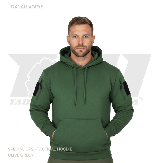Military-style tactical hoodie featuring velcro morale patch panels and secure zipper pockets for winter wear