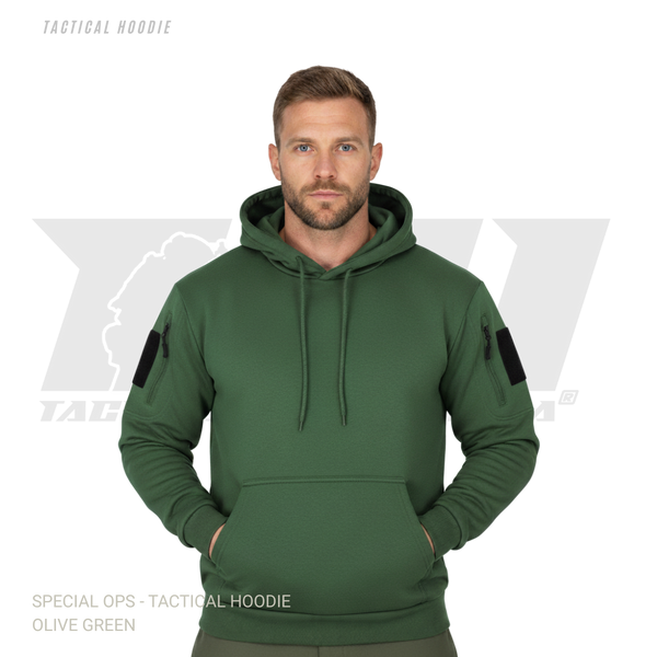Military-style tactical hoodie featuring velcro morale patch panels and secure zipper pockets for winter wear