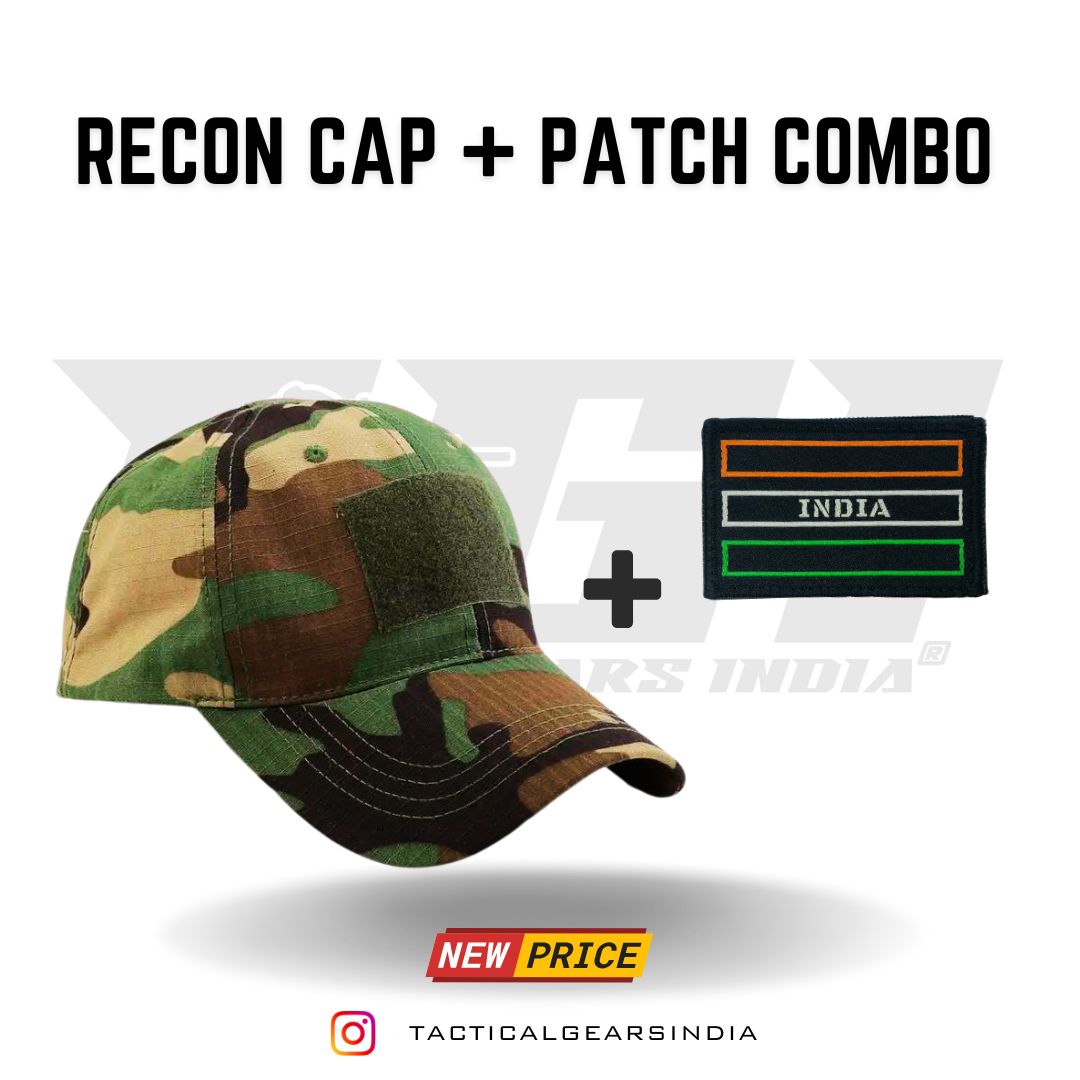 A camouflage tactical cap shown with a separate rectangular patch labeled INDIA, under the text 'RECON CAP + PATCH COMBO'. The cap has a green, brown, and tan woodland camouflage pattern with a dark green velcro patch on the front.