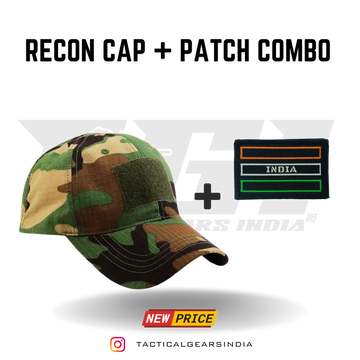 A camouflage tactical cap shown with a separate rectangular patch labeled INDIA, under the text 'RECON CAP + PATCH COMBO'. The cap has a green, brown, and tan woodland camouflage pattern with a dark green velcro patch on the front.