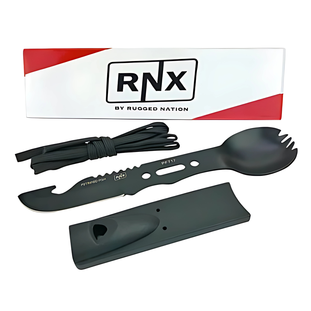 This handy robust Spork features a blackened stainless steel body with plastic sheath.
