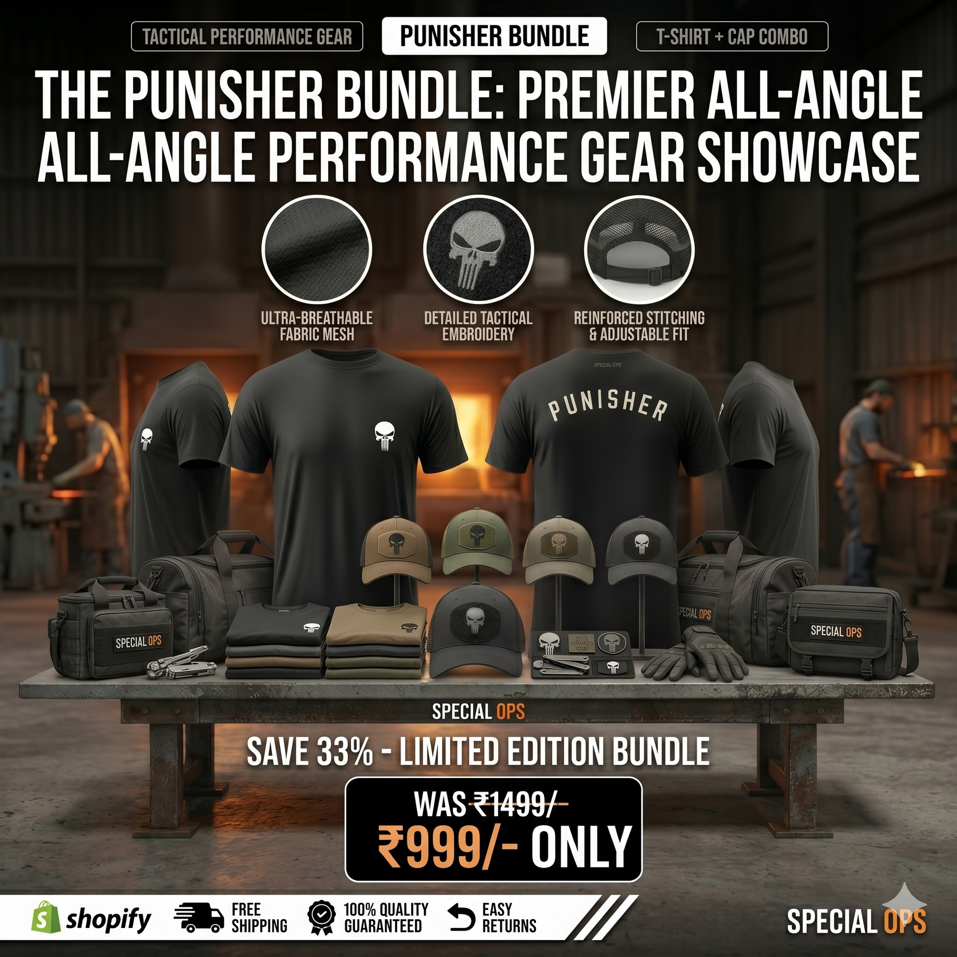 Back view of the Punisher tactical t-shirt highlighting the breathable athletic fit.