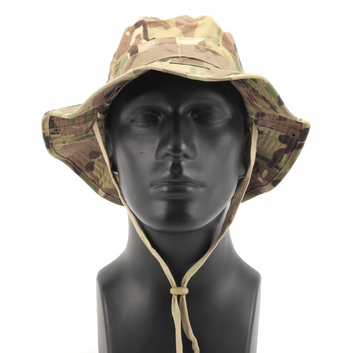 Front view of a multicam camouflage tactical boonie hat on a black mannequin head, featuring a wide sun brim and a tan adjustable chin strap.