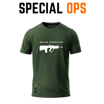 Front view of olive green Tavor Operator dry-fit t-shirt with rifle silhouette