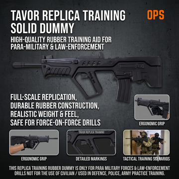 Detailed infographic of the Special Ops Tavor Training Dummy showing its 26.5 inch dimensions, solid rubber construction, stackable design, and restricted military use disclaimer
