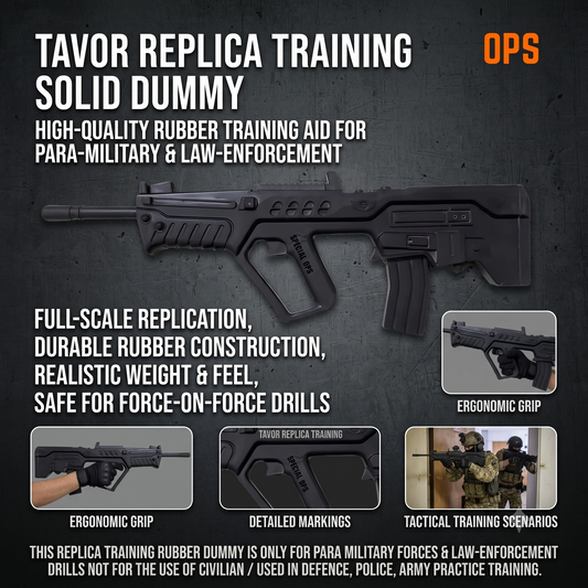Detailed infographic of the Special Ops Tavor Training Dummy showing its 26.5 inch dimensions, solid rubber construction, stackable design, and restricted military use disclaimer