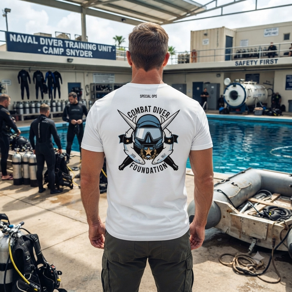 Man wearing white Combat Diver t-shirt displaying large back graphic.   